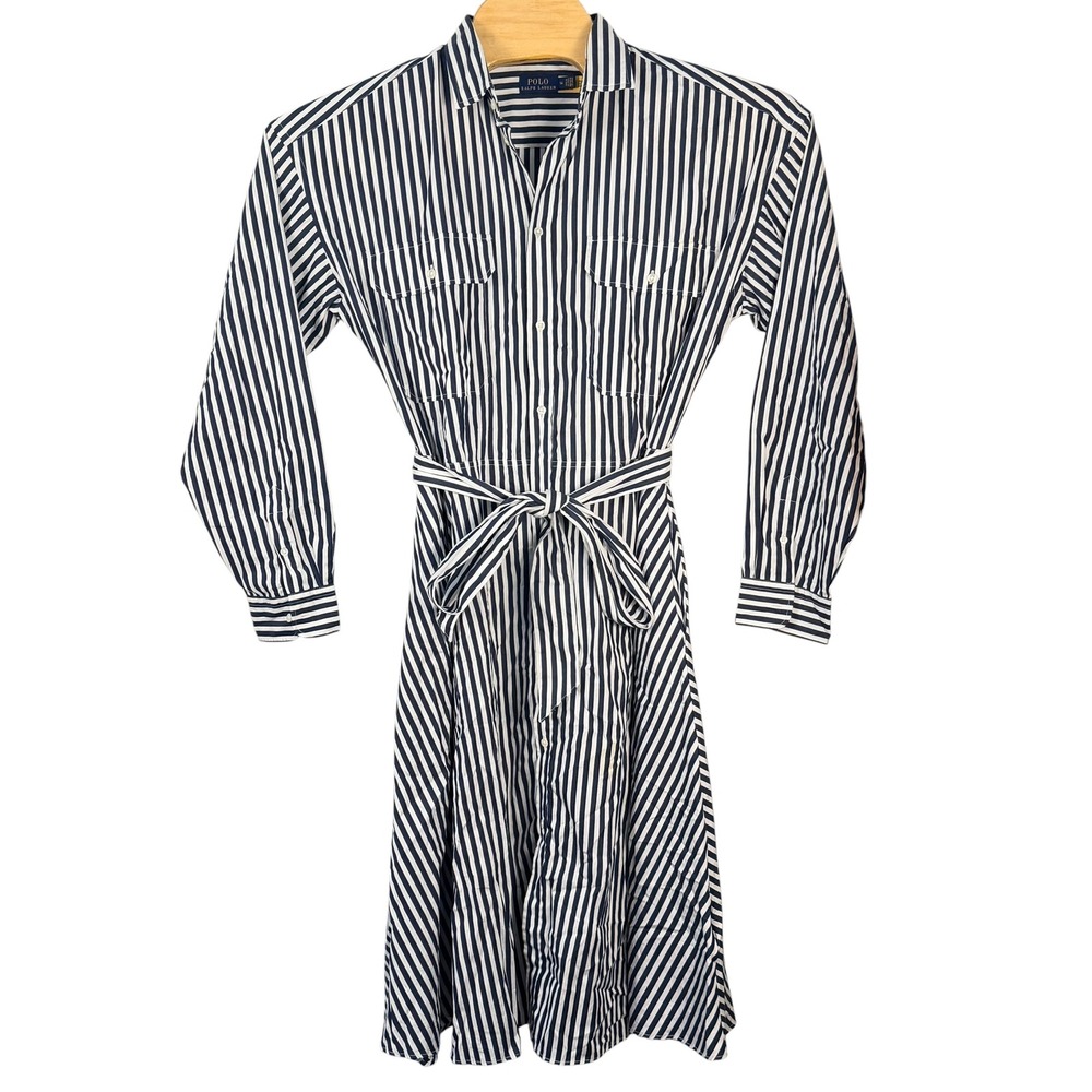 Polo Ralph Lauren Shirt Dress Womens 16 Navy White Stripe Poplin Belted Midi - Picture 2 of 10